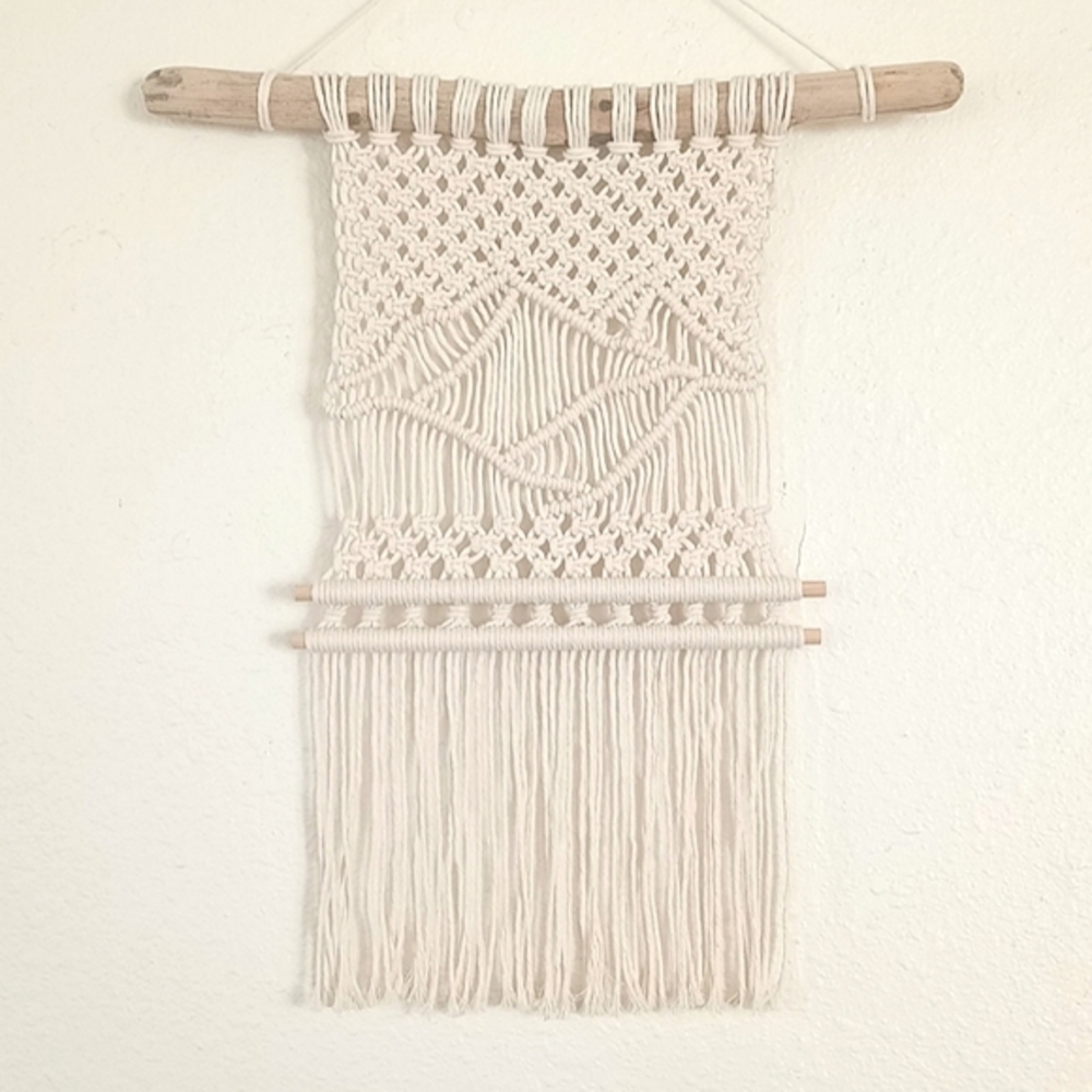 Handmade Macrame wall hanging Mountain scene on driftwood